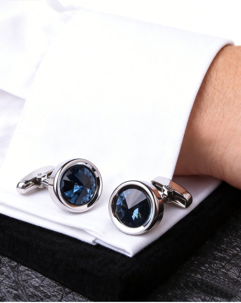 DB Innov. Cufflinks, Molan Blue Silver Frame Round-Shape Cufflinks, 2 PCS for One Set Premium Copper Jewelry Specially Design for Men's Shirt Wedding Business Gift with Delicate Package Box. - Image 2